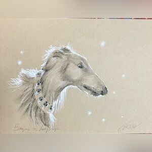 Original Borzoi Dog Portrait painting charcoal pastel Art By Artettina Signed